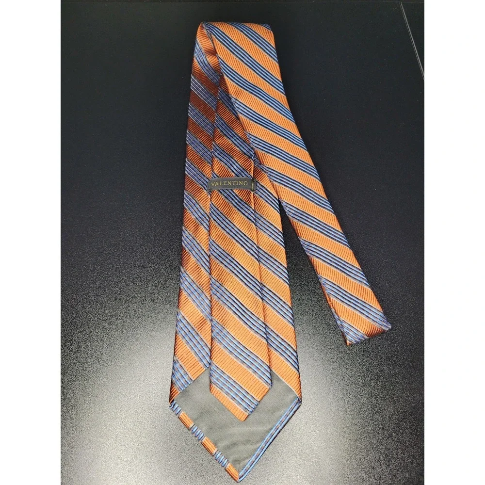 Valentino Men's Necktie Orange Blue Striped Silk 3.75